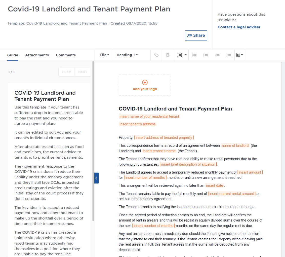 Covid-19 Landlord and Tenant Payment Plan template